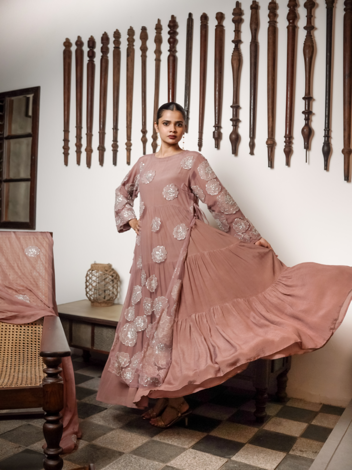 Blush Pink Hand Embroidered Anarkali Set with Floral Appliqué Work by Fitish Essentials