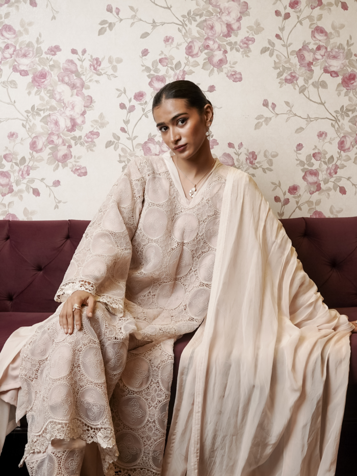 Lace Aura pastel pink embroidered ethnic suit set