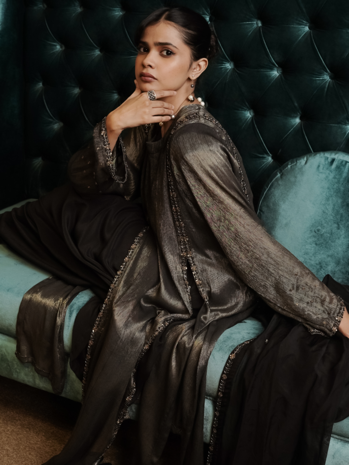 Charcoal black metallic tissue long tunic set with intricate zardosi sequin side panel borders and wide leg palazzo pants