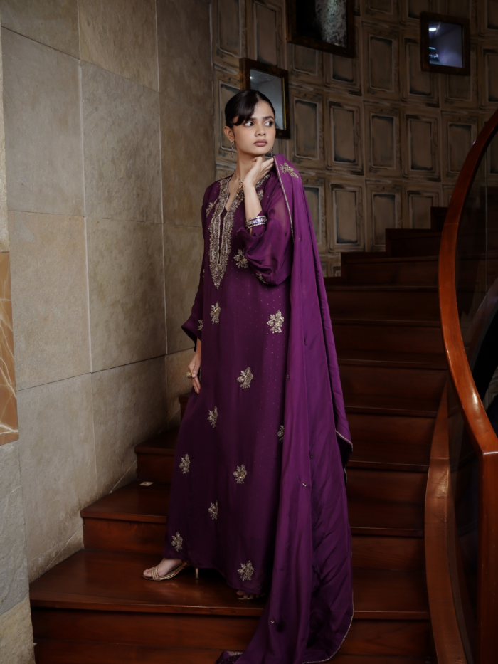 Deep purple kurta set with intricate antique gold zardosi embroidery and matching chiffon dupatta