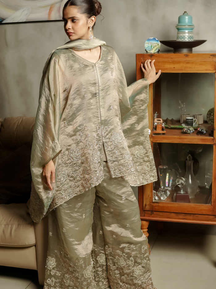 Sage green tissue kaftan top and palazzo set with golden embroidery