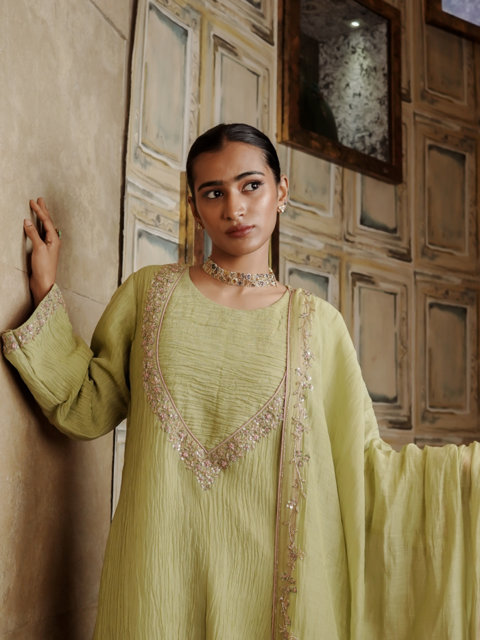 Olive Green Crush Tissue Kurta Set with Intricate V-Neck Embroidery by Fitish Essentials