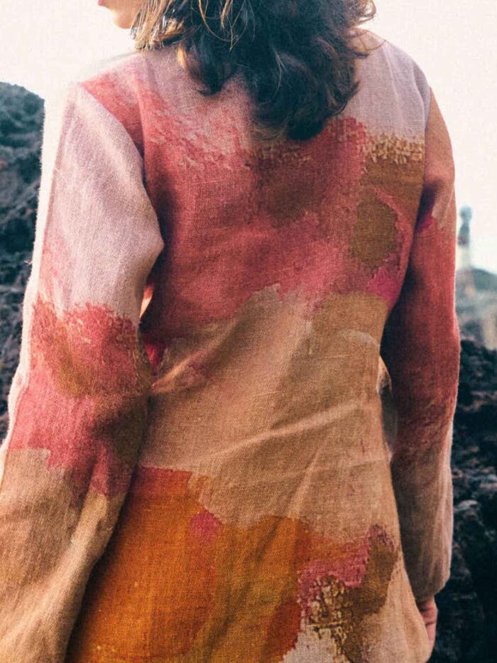 TERRA earthy-toned linen co-ord set featuring an artistic wrap-style top and wide-leg pants