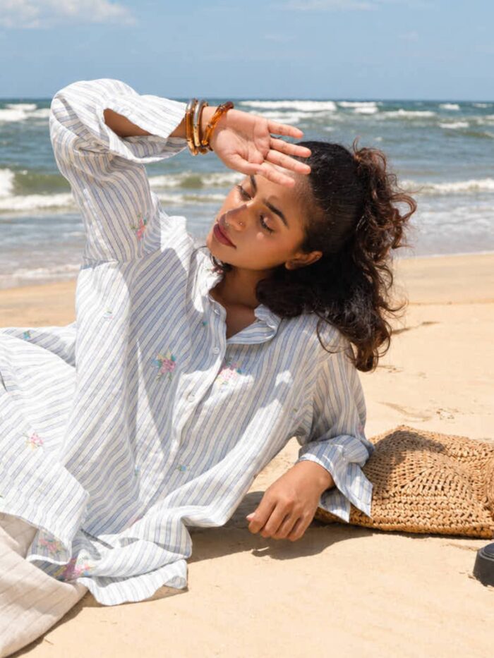 AIRA striped linen co-ord set with relaxed top and wide-leg pants